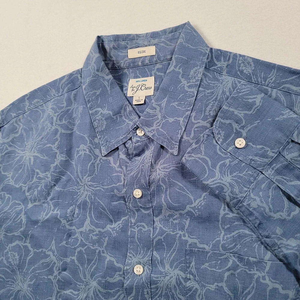 J Crew Slim Linen Shirt Mens L Blue Hibiscus Tropical Floral Summer Coastal